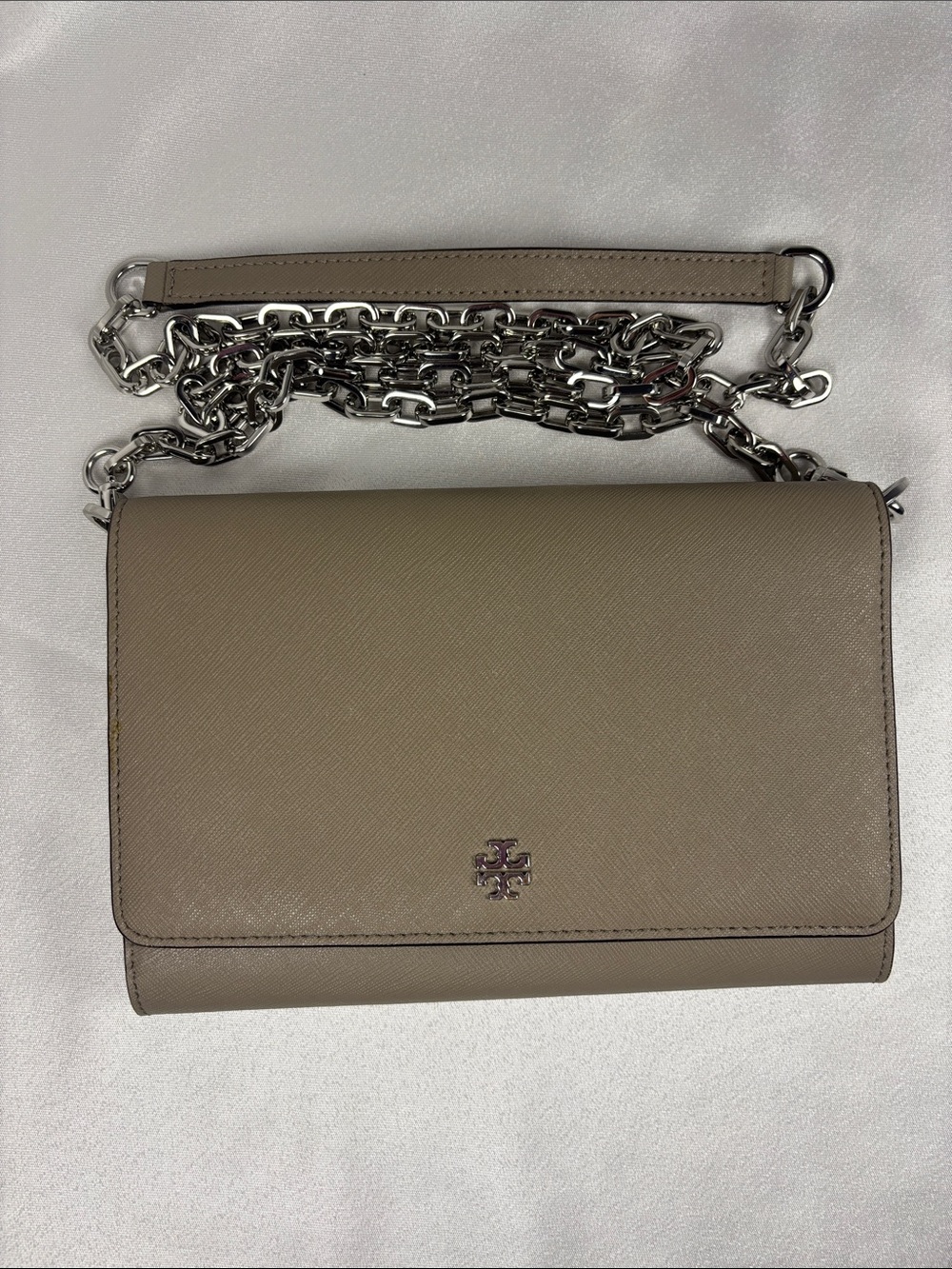 Tory Burch Saffiano Crossbody – Trench Taupe with Silver Hardware
